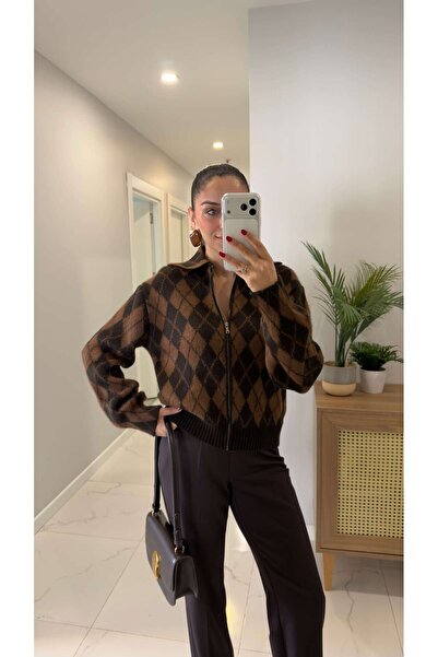 BİRCANÇİL Rensa Brown Baklava Patterned Cardigan