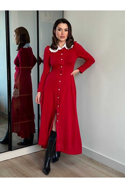 ROUPAS COLLECTİON Boydan Düğmeli Dantel Yaka Elbise