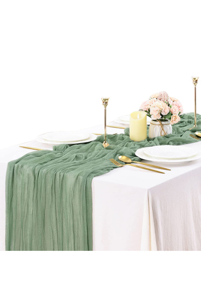 Choice مفرش طاولة من الشاش الأخضر 90×300 سم، مفرش جبن، ديكور طاولة باللون الأخضر المريمية، تصميم ريفي لحفلات الزفاف على طراز بوهو
