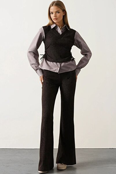 VAGGON Women's Light Brown Shirt Detailed Gathered Blouse and Elastic Waist Trousers Knitwear Set Vs01701