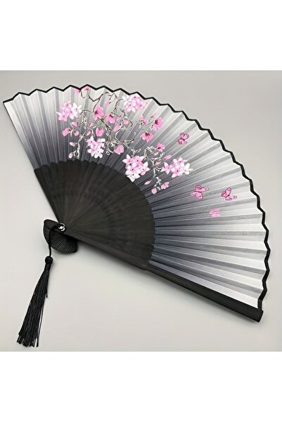 Choice مروحة يدوية محمولة خفيفة الوزن على شكل زهرة الكرز العتيقة مع عمل فني باللونين الوردي والأرجواني، قطعة واحدة