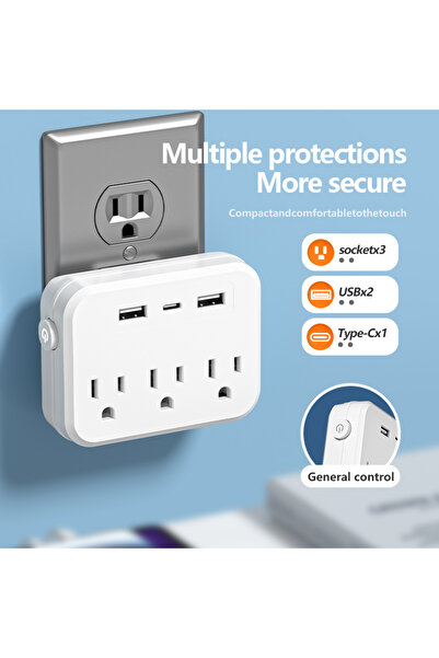 Choice مقبس طاقة أمريكي 979 أبيض بدون سلك تمديد أو منفذ USB Type-C، اثنان