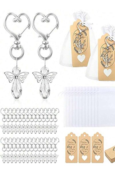 Choice WHITE 30 Silver Angel Wing Pendant Heart Keychains, with 30 Key Rings,...
