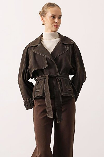 VAGGON Lined Washed Denim Jacket with Belt Ties