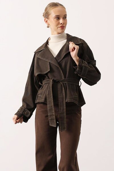 VAGGON Lined Washed Denim Jacket with Belt Ties