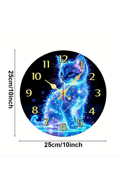 Choice 10 inch GZ-WYT09040008 Blue Cat Wooden Round Silent Hanging Wall Clock, Suitable For Living Room,Off