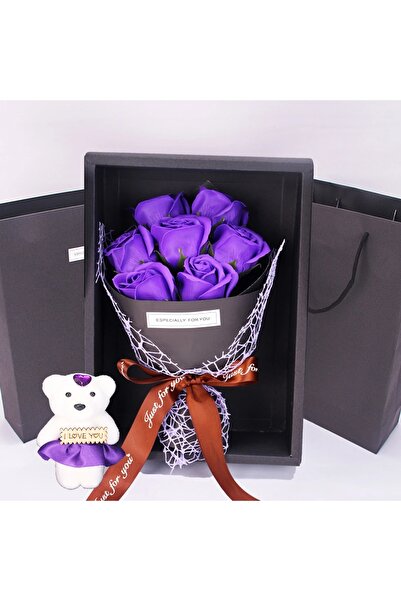 Choice باقة ورد صناعية أرجوانية مكونة من 7 رؤوس، صندوق هدايا على شكل دب صغير،...