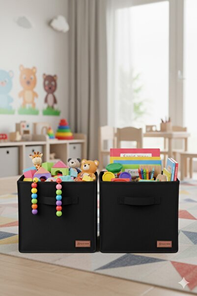 PH Prendi Home 2`li Siyah Saklama Kutusu 28x28x28 Dekoratif Kulplu Organizer Dolap İçi Çamaşır Oyuncak Düzenleyici