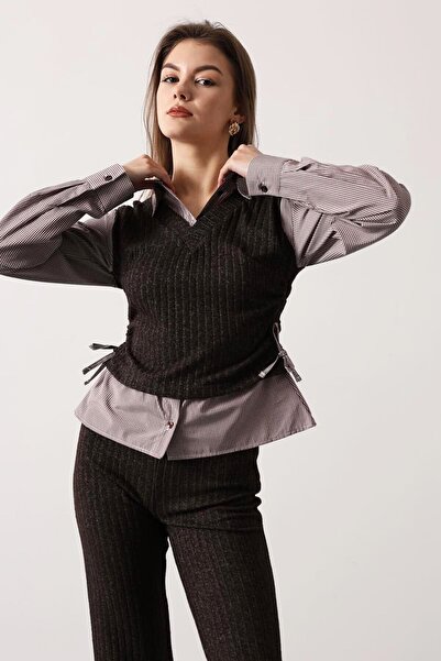 VAGGON Women's Light Brown Shirt Detailed Gathered Blouse and Elastic Waist Trousers Knitwear Set Vs01701