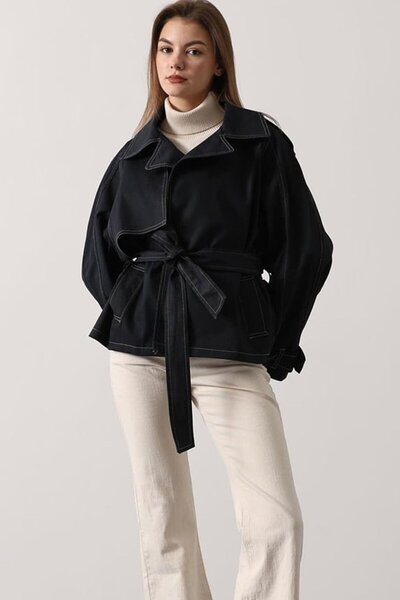 VAGGON Lined Washed Denim Jacket with Belt Ties