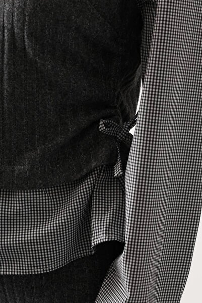 VAGGON Women's Anthracite Shirt Detailed Gathered Blouse and Elastic Waist Trousers Knitwear Set Vs01701