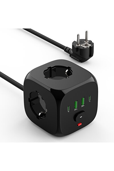 Choice قابس الاتحاد الأوروبي أسود - شريط طاقة حائطي بطول 2 متر مع سلك تمديد بطول 2 متر، 3 منافذ تيار متردد، 2 منفذ USB