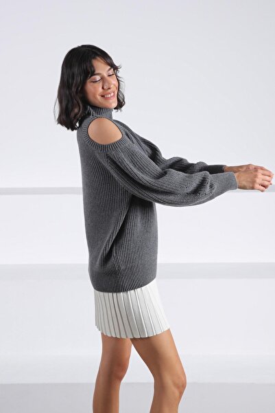 Ferraro Anthracite Long Sleeve Off-Shoulder Cashmere Women's Knitwear Sweater