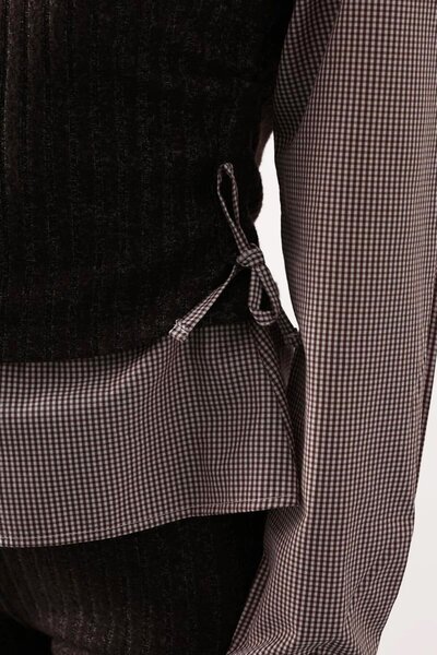 VAGGON Women's Light Brown Shirt Detailed Gathered Blouse and Elastic Waist Trousers Knitwear Set Vs01701