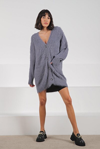 Ferraro A.Grey Buttoned Cashmere and Wool Blend Oversized Women's Knitwear Cardigan