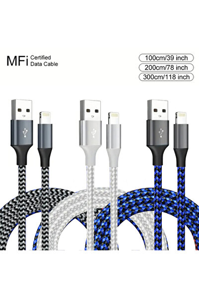 Choice كابل USB إلى Lightning معتمد من MFi بطول 2 متر، 3 قطع باللون الرمادي و...