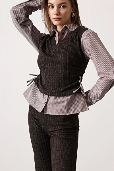 VAGGON Women's Light Brown Shirt Detailed Gathered Blouse and Elastic Waist Trousers Knitwear Set Vs01701