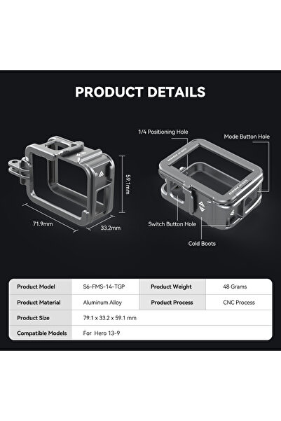 Choice حافظة إطار من سبائك الألومنيوم من TELESIN لكاميرا Gopro Hero 9 10 11 1...