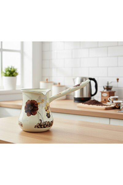LUDIA Emaye Çiçek Desenli Büyük Boy Cezve 750ml (11cmx13cm)