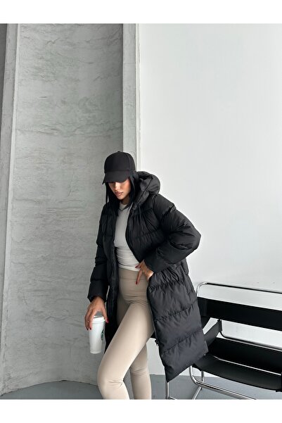 Fashionbox Women's Gel Padding Hooded Zipper Long Puffer Coat 25333