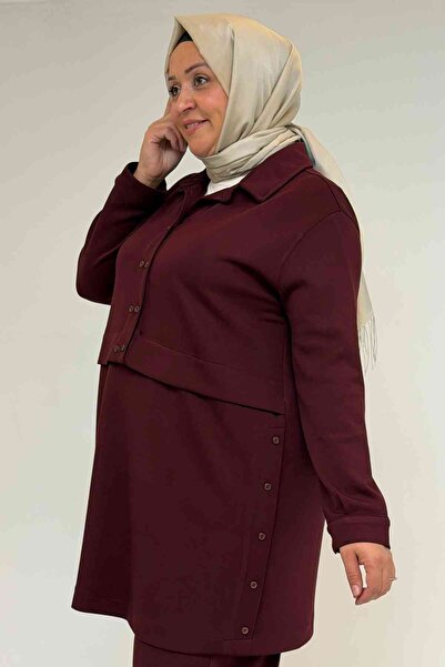 Eslina 57038 Plus Size Men's Collar Button Detailed Modal Trouser Suit - Burgundy