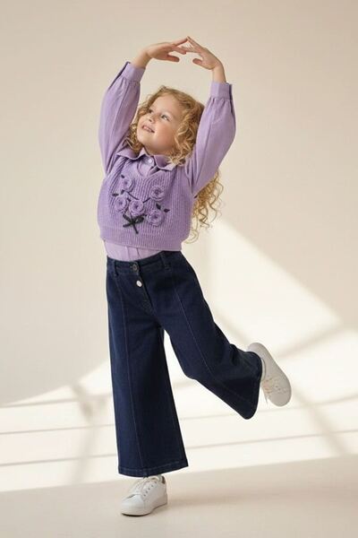 Minigimin Cicileri My Little Girl's 3-Piece Set with Flower Detail Knitted Sweater - Purple