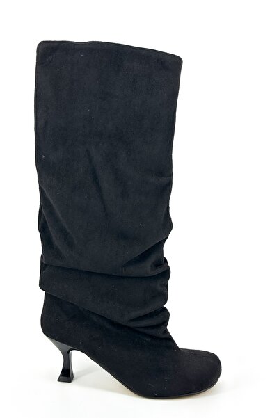 Shoebutik Γυναικείες μπότες με τακούνι Lea Black Suede με στρογγυλή μύτη