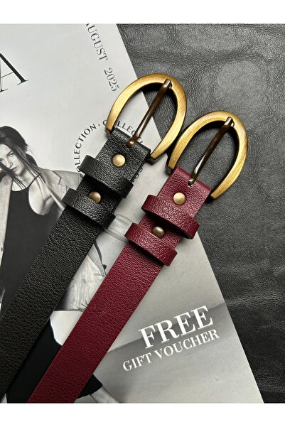 LİA KEMER 2-Pack Lust Classic Patterned Women's Antique Gold Buckle Belt Jacket Belt Dress Belt Trouser Belt