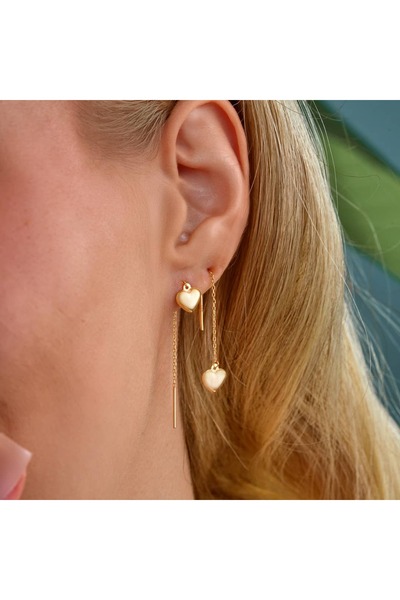 YCL JEWELLERY 8 Ayar (ÇİFT) Altın Zarif Sallantılı Kalp Küpe