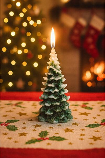 miceco Decorative Christmas Tree Candle - Green Snowy, 11 cm