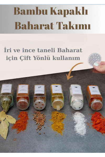 Flash Bazaar 12 Adet Bambu Kapaklı Kare Cam Baharatlık Takımı / 12 Adet Etike...