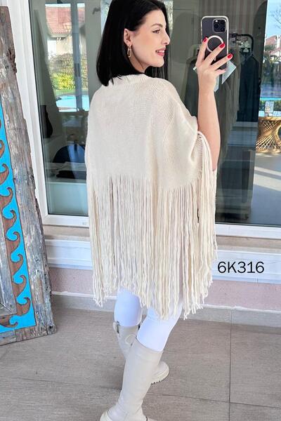 İnce Topuk Crew Neck Tasseled Knitwear Poncho 6K316