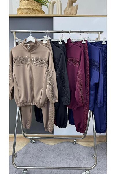 Koza Butik Women's Plus Size Guipure Detailed Zippered Scuba Tracksuit Set 8217-26