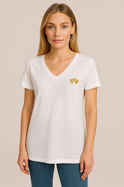 TWINTICKS White Yoga Golden Lotus Flower Printed V-Neck Women's T-Shirt – White Cotton Relaxed Fit