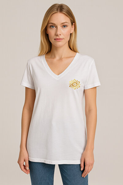 TWINTICKS White Gold Mandala Printed V-Neck Women's T-Shirt – White Cotton Relaxed Fit