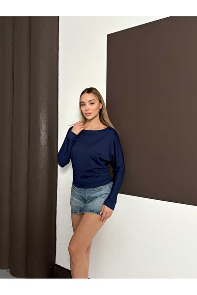 The Robi Women's Navy Blue Boat Neck Batwing Sleeve Blouse
