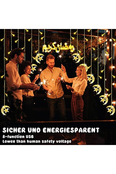 Yuwell Ramadan Lights, Moon Star Fairy Hanging String Lights, 8 Modes
