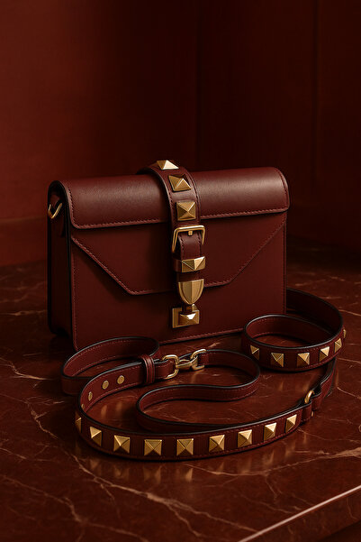 ŞIK VE MUTLU Leather Burgundy Bun Model Shoulder Bag