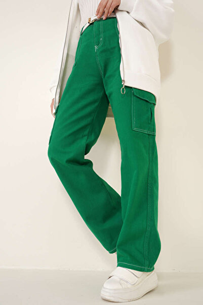 KOTOLOG Unisex Green White Stitched Wide Leg Pants Baggy Regular Fit Jogger Cargo Pocket Jeans