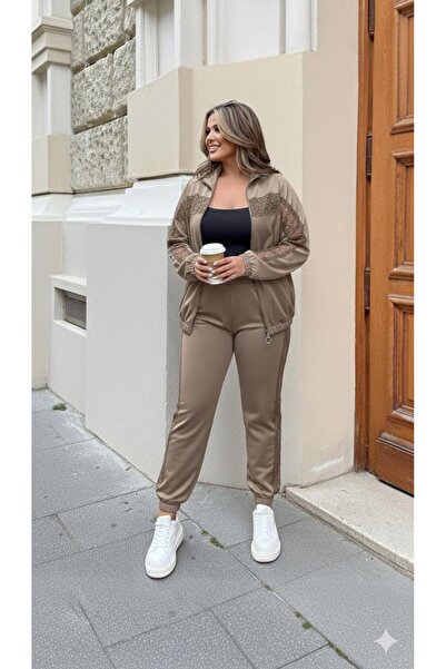 Koza Butik Women's Plus Size Guipure Detailed Zippered Scuba Tracksuit Set 8217-26