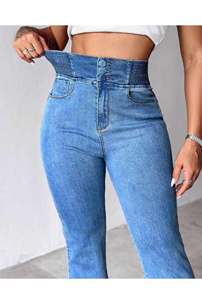 Kokosh moda Women's High Waist Jeans with Elastic Sides and Button Front