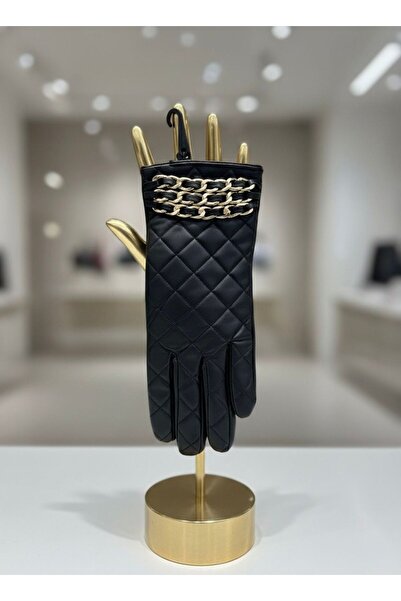 Axesoire E0012 Zincir Detaylı Siyah PU Deri Eldiven