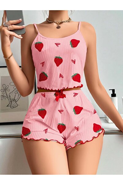 Ruselin Women's Pink Strawberry Patterned Shorts Pajama Set