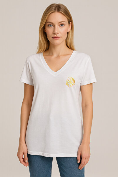 TWINTICKS White Yoga Gold Mandala Printed V-Neck Women's T-Shirt – White Cotton Relaxed Fit
