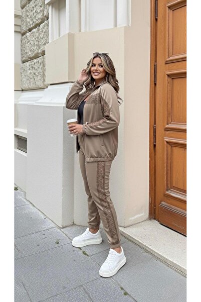 Koza Butik Women's Plus Size Guipure Detailed Zippered Scuba Tracksuit Set 8217-26