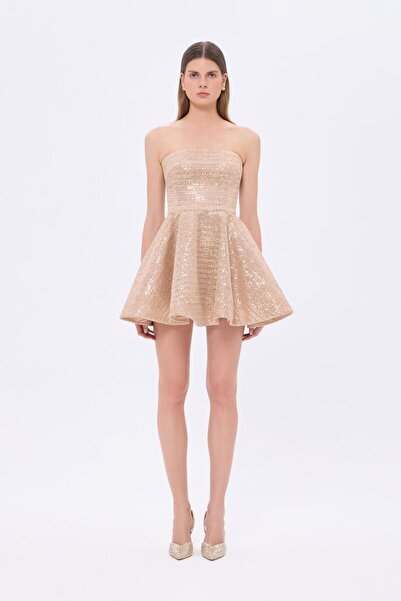 CENGIZ AKTURK İşlemeli Kumaş Straplez Mini Abiye Elbise - 9318C