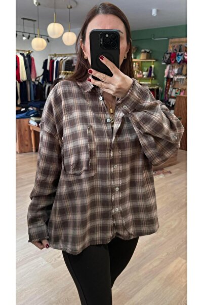 EYYE BUTİK Yırtık Detaylı Oduncu Gömlek Kahve