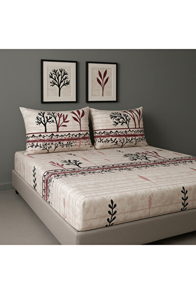 GOOD MORNİNG PAMUKKALE Red Branch Pattern Battal Elastic Sheet Set (180X200) + 2 Pillowcases