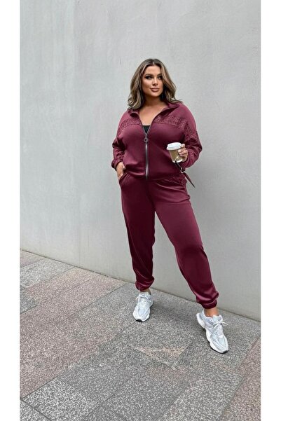 Koza Butik Women's Plus Size Guipure Detailed Zippered Scuba Tracksuit Set 8217-26