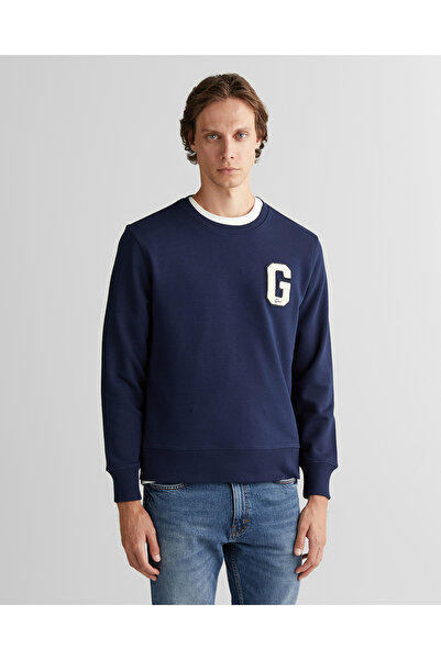 Gant Erkek Lacivert Regular Fit Bisiklet Yaka Logolu Sweatshirt